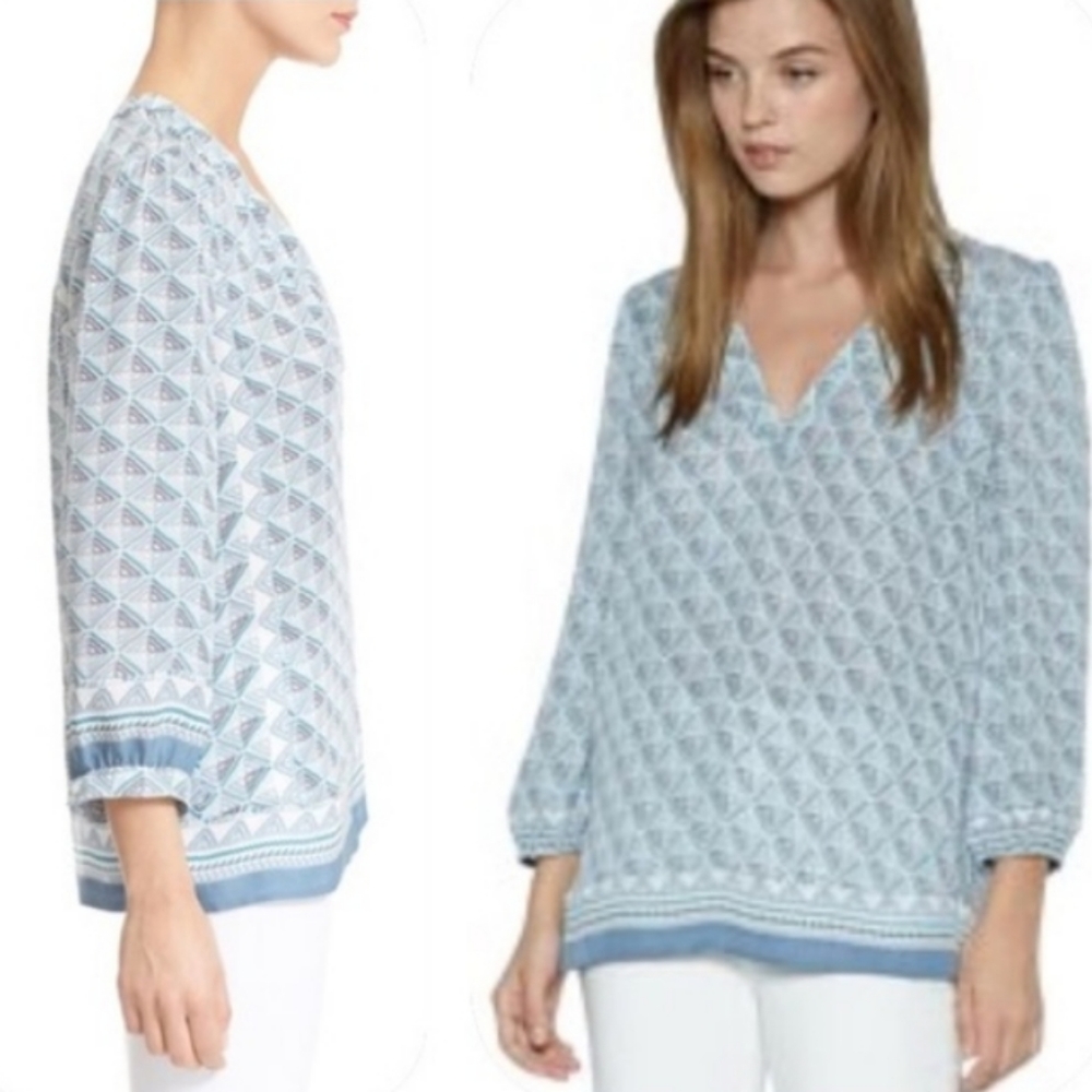 Joie Geometric Border Print Silk Blouse Sz S